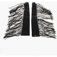 Manusi Leather Warm Gloves With Fringes Femei