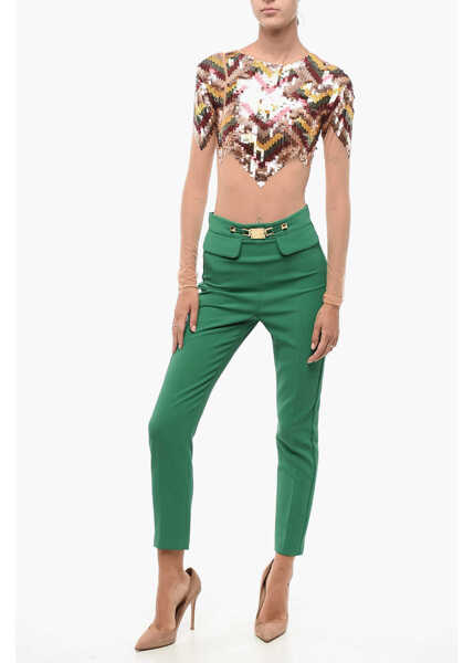 Pantaloni casual Elisabetta Franchi Carrot Fit Pants With Logoed Detail Green Femei (BM 18605935) 4