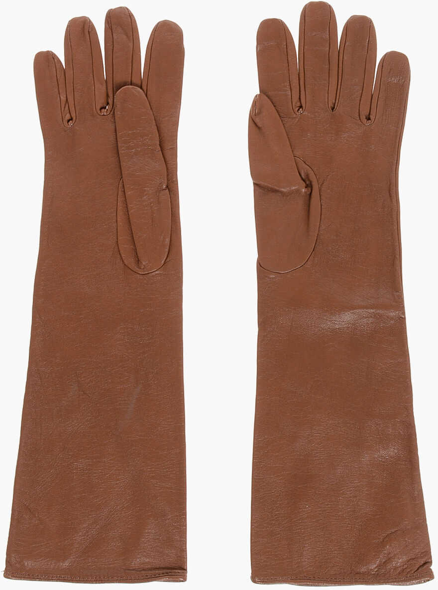 Manusi DSQUARED2 Solid Color Leather Opera Gloves Brown Femei (BM 18605944) 3