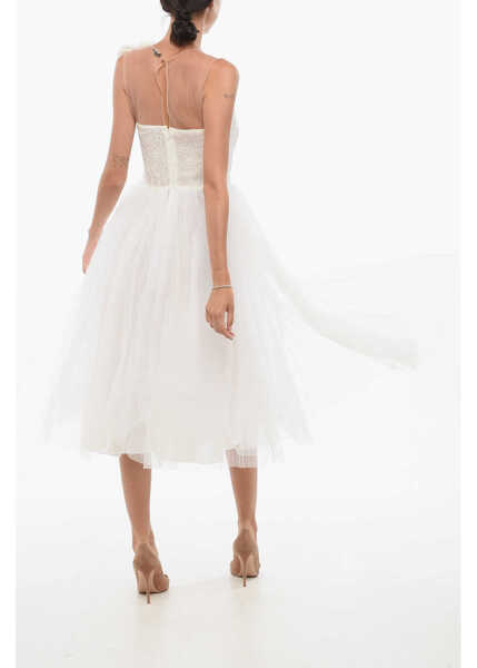 Rochii lungi Elisabetta Franchi Tulle Flared Midi Dress With 3D Flowers White Femei (BM 18606784) 2