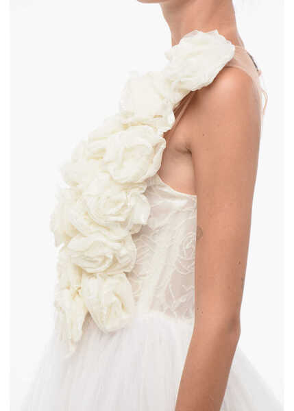 Rochii lungi Elisabetta Franchi Tulle Flared Midi Dress With 3D Flowers White Femei (BM 18606784) 3