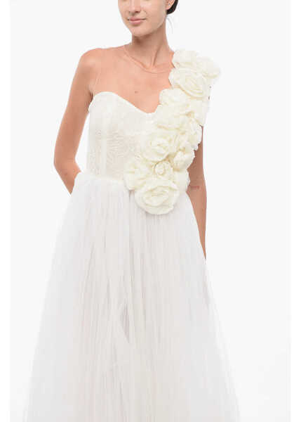 Rochii lungi Elisabetta Franchi Tulle Flared Midi Dress With 3D Flowers White Femei (BM 18606784) 4