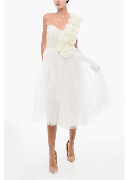 Rochii lungi Elisabetta Franchi Tulle Flared Midi Dress With 3D Flowers White Femei (BM 18606784) 1