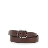 Curele Brown Reversible Belt With Gancini Buckle And Metallic Loop With Logo Lettering In Grained Leather Man Barbati