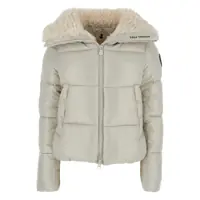 Geci de iarna 'Moma' Beige Down Jacket With Fur Collar And Logo On The Sleeve In Tech Fabric Woman Femei
