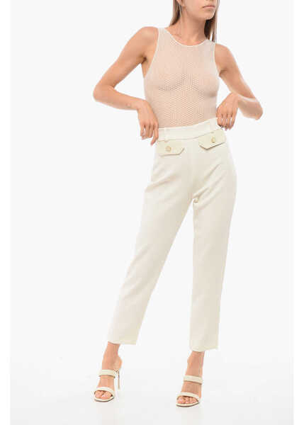 Pantaloni casual Elisabetta Franchi 4-Pocketed Pants With Eco-Leather Details White Femei (BM 18687025) 4