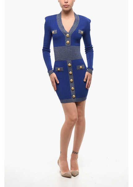 Rochii scurte Balmain Ribbed Bodycon Mini Dress With Golden Buttons And Lurex Deta Blue Femei (BM 18687202) 1
