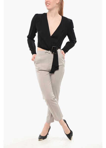 Bluze Elisabetta Franchi Cropped Fit Wrap Blouse With Buckle Black Femei (BM 18687205) 4