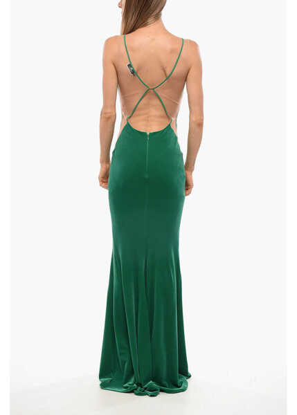 Rochii lungi Elisabetta Franchi Red Carpet Velour Maxidress With Mesh Inserts Green Femei (BM 18687223) 2