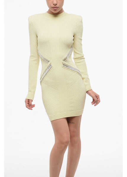Rochii scurte Balmain Long Sleeved Bodycon Mini Dress Embellished With Jewels Yellow Femei (BM 18687229) 4