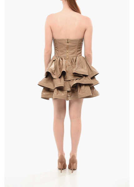 Rochii scurte Elisabetta Franchi Eco-Patent Leather Flounced Dress Beige Femei (BM 18687271) 2