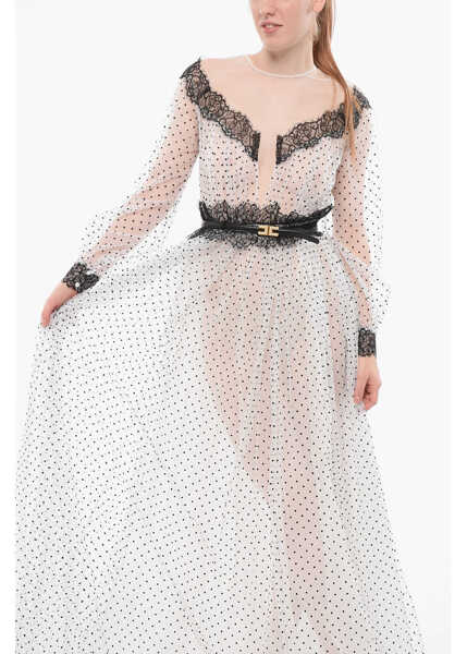 Rochii lungi Elisabetta Franchi Flocked Tulle Shirt Dress With Polka Dot Motif White Femei (BM 18687655) 4