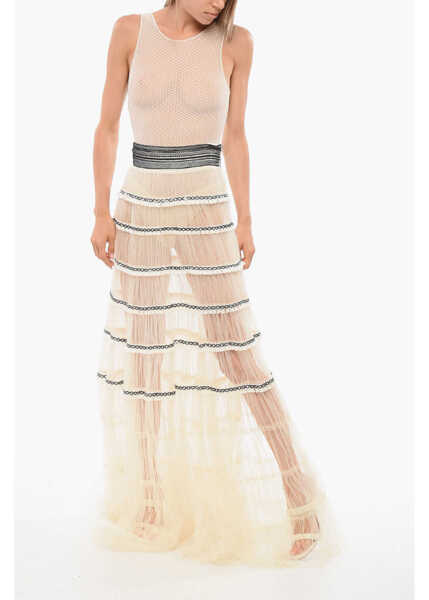 Fuste lungi Elisabetta Franchi Flounced Tulle Gipsy Skirt White Femei (BM 18687790) 4