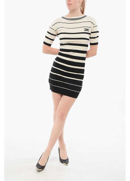 Rochii scurte Elisabetta Franchi Awning Striped Cotton Knitted Dress White Femei (BM 18687799) 1