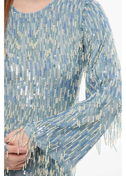 Rochii scurte Elisabetta Franchi Sequined Dress With Beads And Lamp Sleeves Light Blue Femei (BM 18687802) 3