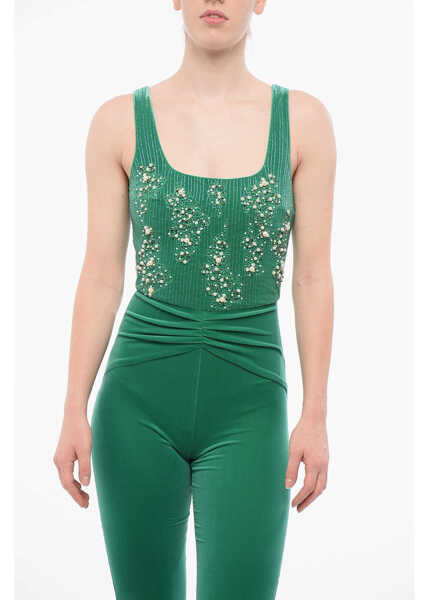 Salopete Elisabetta Franchi Velour Jumpsuit With Embroideries Green Femei (BM 18687811) 4