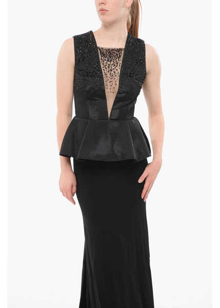 Rochii lungi Elisabetta Franchi Red Carpet Peplo Dress With See Through Insert And Beads Black Femei (BM 18687844) 4