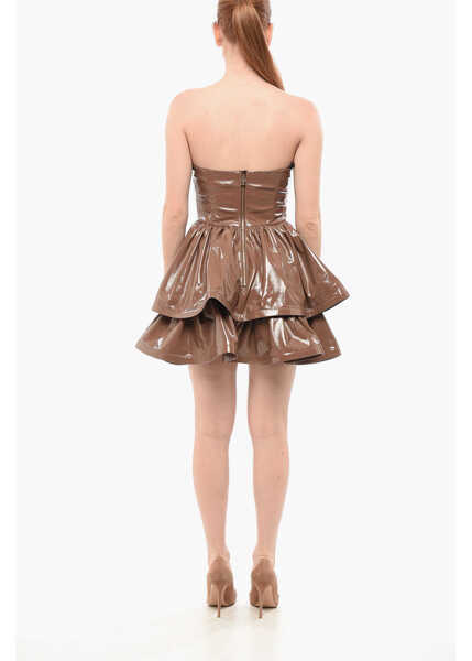 Rochii scurte Elisabetta Franchi Eco-Patent Leather Flounced Dress Brown Femei (BM 18687967) 2