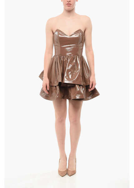 Rochii scurte Elisabetta Franchi Eco-Patent Leather Flounced Dress Brown Femei (BM 18687967) 1