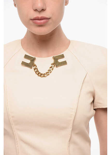 Bluze Elisabetta Franchi Eco-Leather Slim Fit Top With Jewel Detail Pink Femei (BM 18688054) 3