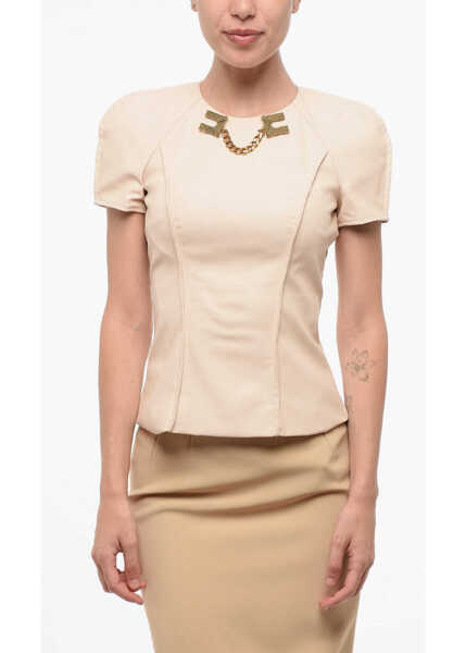 Bluze Elisabetta Franchi Eco-Leather Slim Fit Top With Jewel Detail Pink Femei (BM 18688054) 1