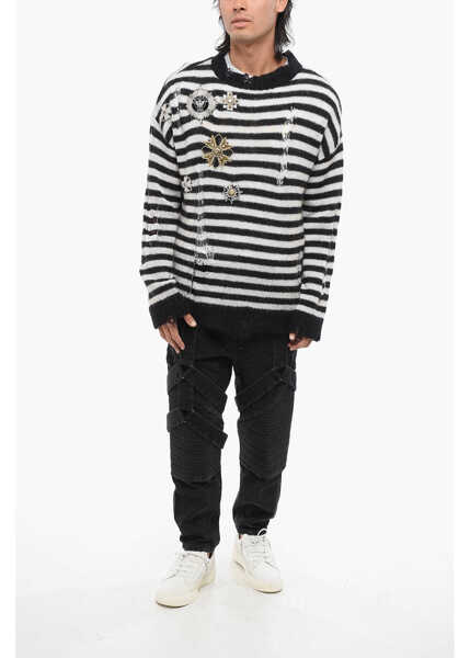 Pulovere Balmain Striped Vintage Effect Crew-Neck Sweater With Decorative Pat Black & White Barbati (BM 18688216) 4