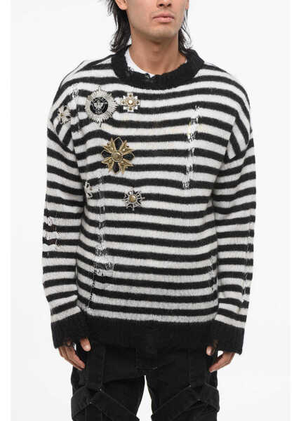 Pulovere Balmain Striped Vintage Effect Crew-Neck Sweater With Decorative Pat Black & White Barbati (BM 18688216) 1