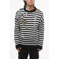 Pulovere Striped Vintage Effect Crew-Neck Sweater With Decorative Pat Barbati