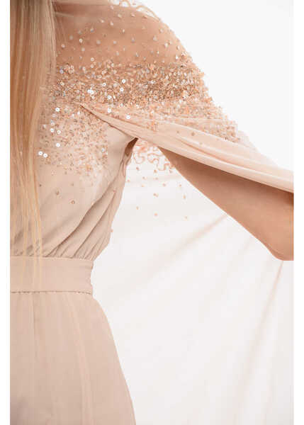 Rochii lungi Elisabetta Franchi Red Carpet Chiffon Dress With Sequines And Mantle Sleeves Pink Femei (BM 18688225) 3