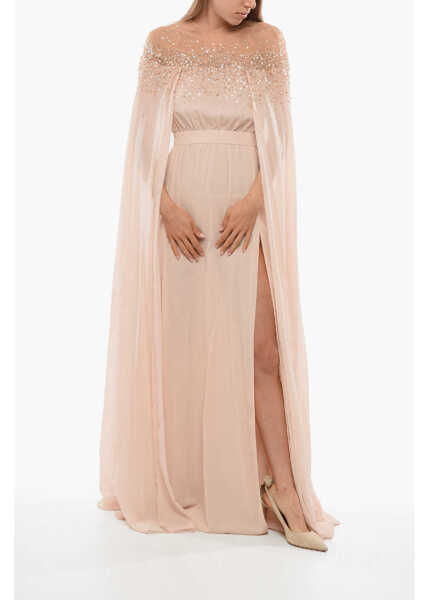 Rochii lungi Elisabetta Franchi Red Carpet Chiffon Dress With Sequines And Mantle Sleeves Pink Femei (BM 18688225) 1