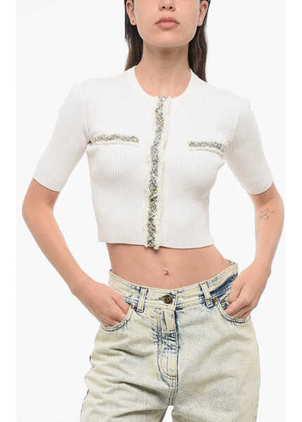 Cardigane Balmain Short Sleeved Crop Cardigan Embellished With Beads And Sequi White Femei (BM 18688243) 1
