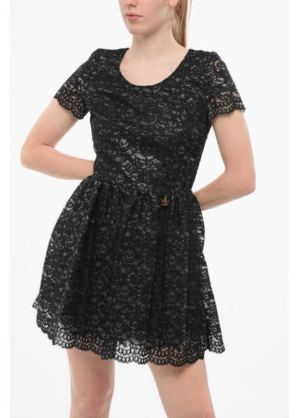 Rochii scurte Elisabetta Franchi Gold Short-Sleeved Lace Dress Black Femei (BM 18688255) 4