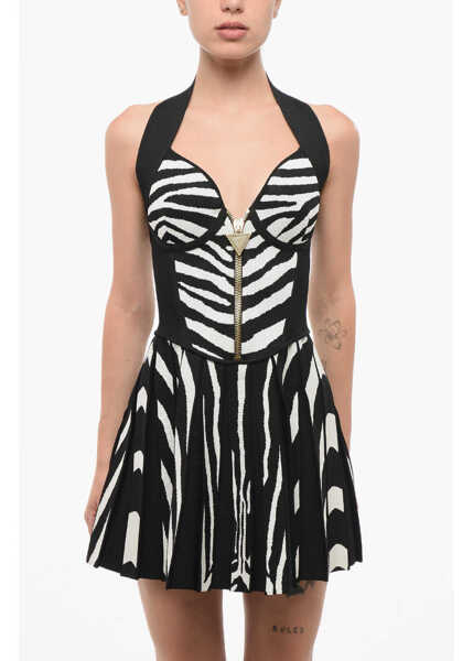 Rochii scurte Balmain Animal Patterned Halterneck Mini Dress Black & White Femei (BM 18688369) 4