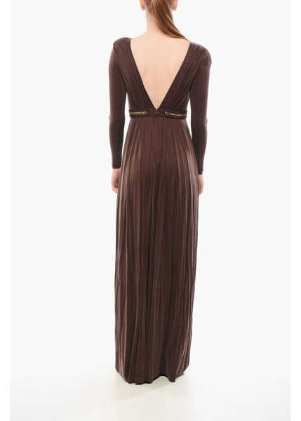 Rochii lungi Elisabetta Franchi Flared Maxidress With Chain Detail Brown Femei (BM 18688375) 2