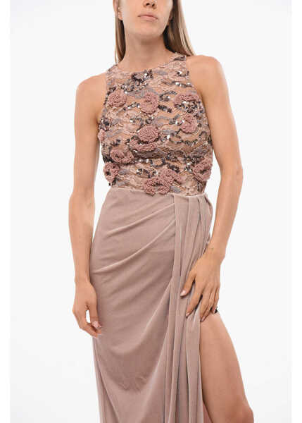 Rochii lungi Elisabetta Franchi Embroidered Maxidress With Velour Skirt Pink Femei (BM 18688432) 4