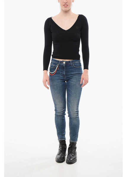 Pulovere Elisabetta Franchi V Neck Sweater With Embroidered Logo Black Femei (BM 18688435) 4