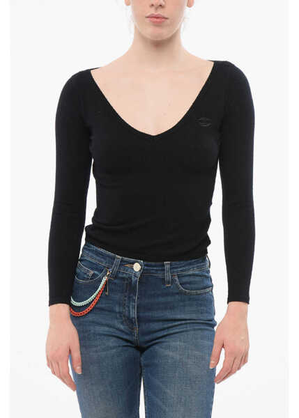 Pulovere Elisabetta Franchi V Neck Sweater With Embroidered Logo Black Femei (BM 18688435) 1