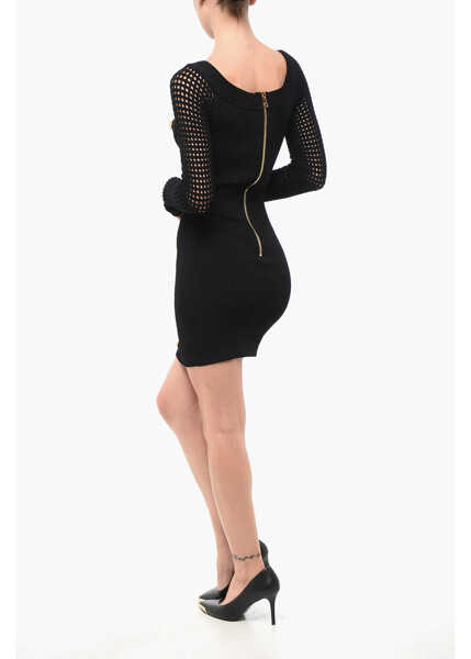 Rochii scurte Balmain Ribbed Mini Dress With Perforated Sleeves And Decorative But Black Femei (BM 18694090) 2