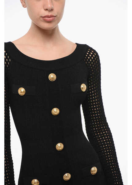 Rochii scurte Balmain Ribbed Mini Dress With Perforated Sleeves And Decorative But Black Femei (BM 18694090) 3
