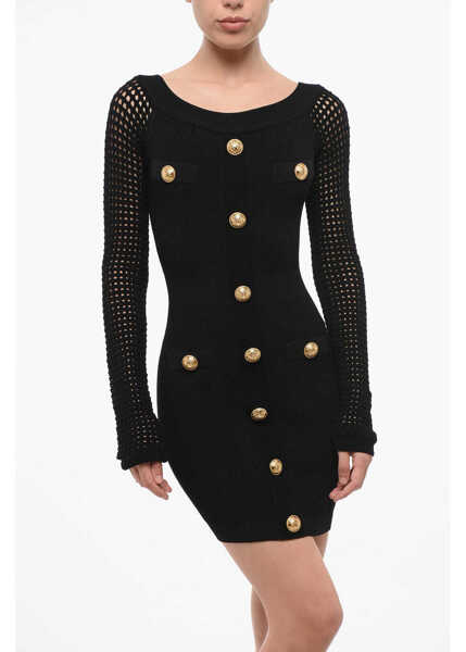 Rochii scurte Balmain Ribbed Mini Dress With Perforated Sleeves And Decorative But Black Femei (BM 18694090) 4