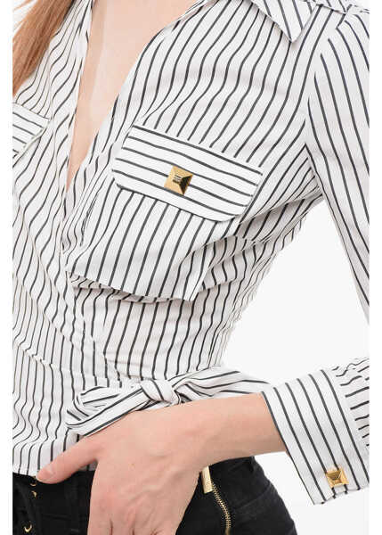 Camasi casual Elisabetta Franchi Hairline Cotton Wrap Shirt White Femei (BM 18694129) 3