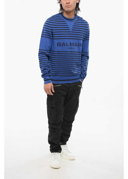 Pulovere Balmain Striped Crew-Neck Sweater Blue Barbati (BM 18694144) 4