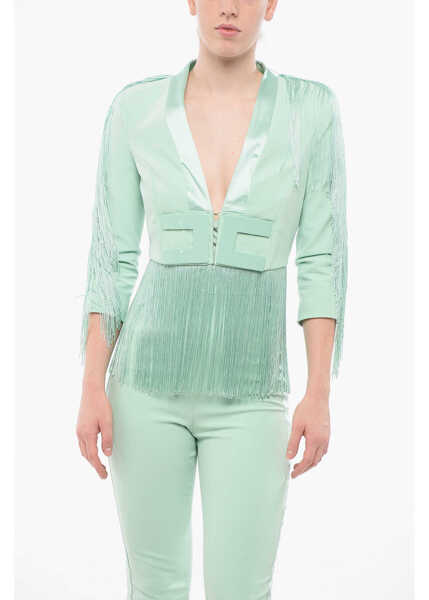 Salopete Elisabetta Franchi Satin Detailed Tuxedo Jumpsuit With Fringes Green Femei (BM 18694177) 4