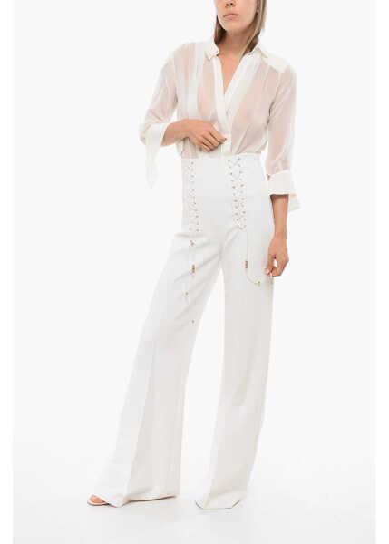 Pantaloni casual Elisabetta Franchi Lace-Up Detailed Bootcut Pants White Femei (BM 18694372) 4