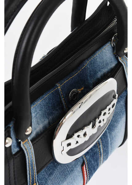 Genti de mana DSQUARED2 Leather And Denim Handbag With Maxi Metal Buckle Blue Femei (BM 18694375) 4
