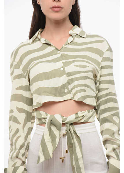 Camasi casual Balmain Animal Patterned Cropped Shirt With Knotting Detail Beige Femei (BM 18694378) 3
