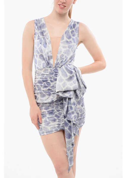 Rochii scurte Elisabetta Franchi Draped Silk Dress With Animal Motif Light Blue Femei (BM 18694381) 4