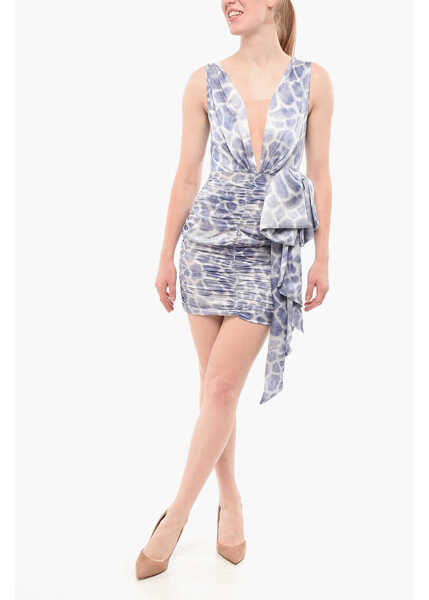 Rochii scurte Elisabetta Franchi Draped Silk Dress With Animal Motif Light Blue Femei (BM 18694381) 1