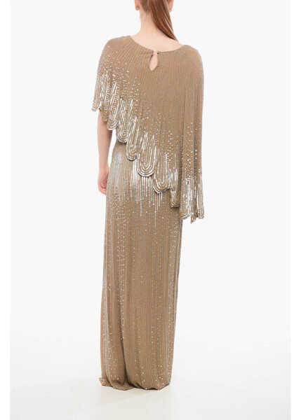 Rochii lungi Elisabetta Franchi Red Carpet Sequined Maxidress With Cape Design Beige Femei (BM 18694384) 2