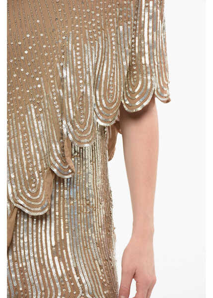 Rochii lungi Elisabetta Franchi Red Carpet Sequined Maxidress With Cape Design Beige Femei (BM 18694384) 3